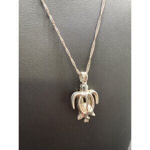 Silver Turtle Pendant Necklace W/ 18K GP Chain & Pearl Accent